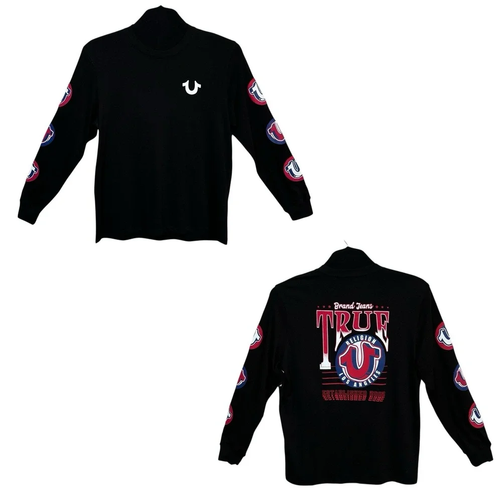 True Religion Men's Pop Horse Shoe Logo Long Sleeve‎ Tee Size XL Black Crew Neck